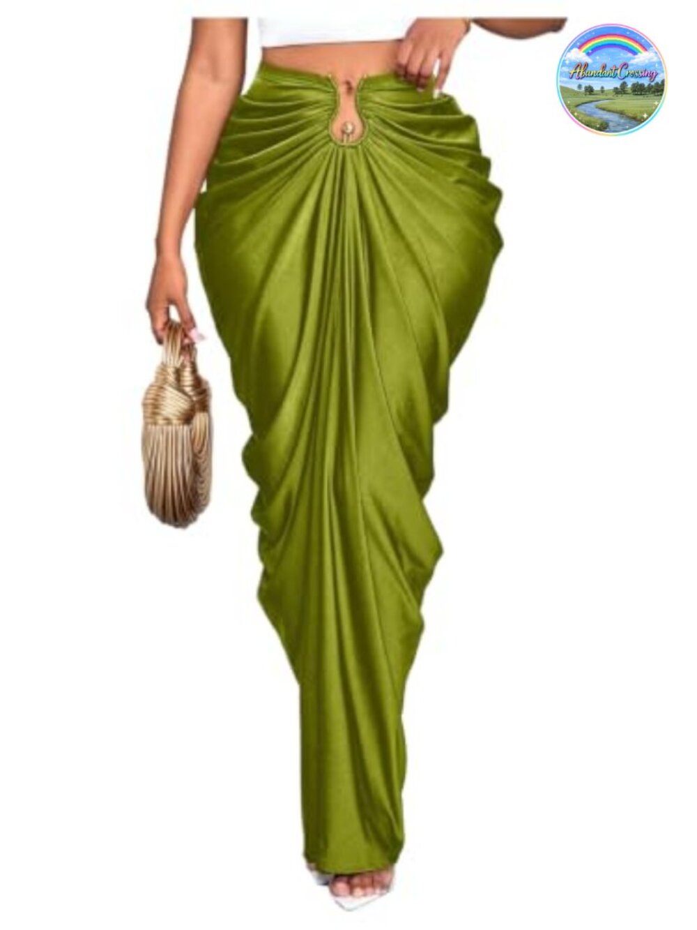 Women's Ruched Bodycon Fishtail Maxi Skirt with U-Ring